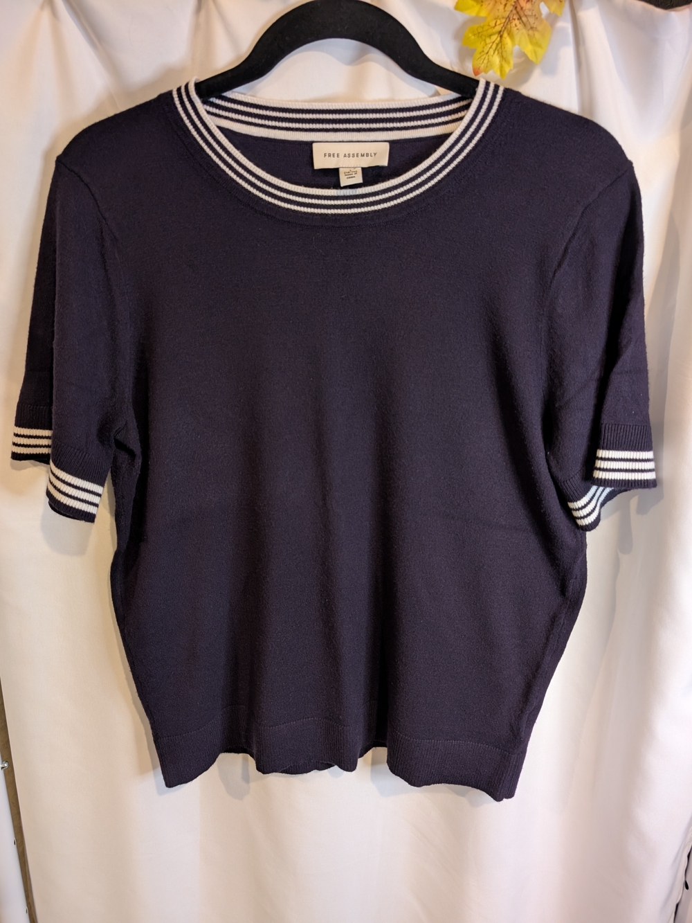 Free Assembly Navy Short-Sleeve Crew Sweater with White Stripe Trim
